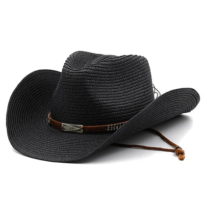 Black straw cowboy hat with a brown band and decorative buckle on a white background
