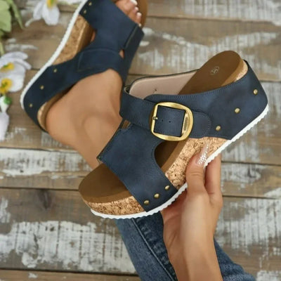 Giulia Cork-Platform Sandals – Thick-Heel Slip-On Buckle Sandals