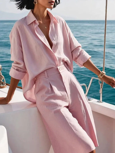 Elena Cotton Linen Set – Women’s Relaxed Shirt and Pleated Shorts Co-Ord