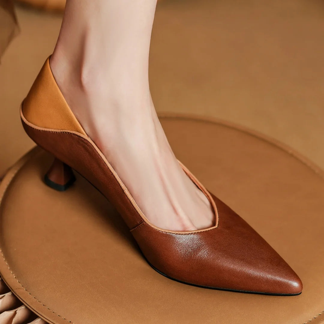 Elena Leather Heeled Pumps – Women’s Pointed Toe Two-Tone Shoes