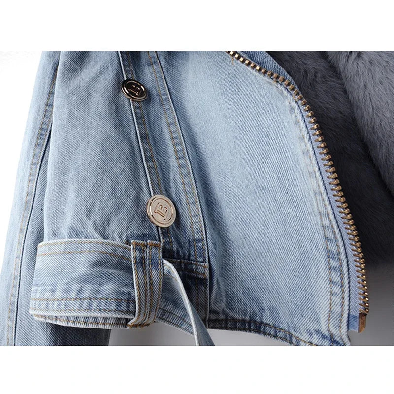Close-up of a light blue denim jacket with buttons and a zipper.