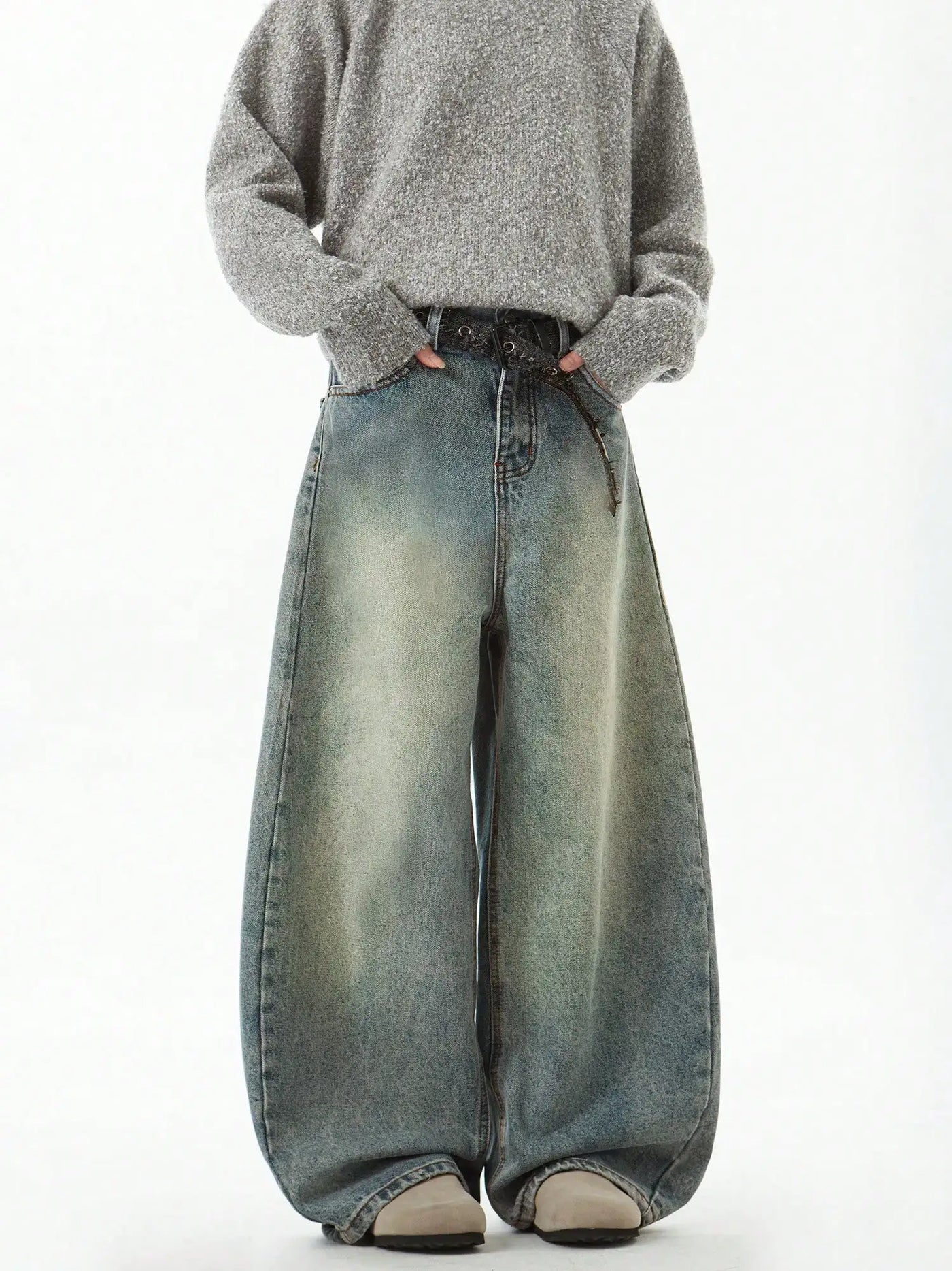 Zane Curved Stitch Baggy Jeans - Men’s Stonewashed Loose Street Fit