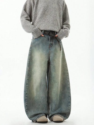 Zane Curved Stitch Baggy Jeans - Men’s Stonewashed Loose Street Fit