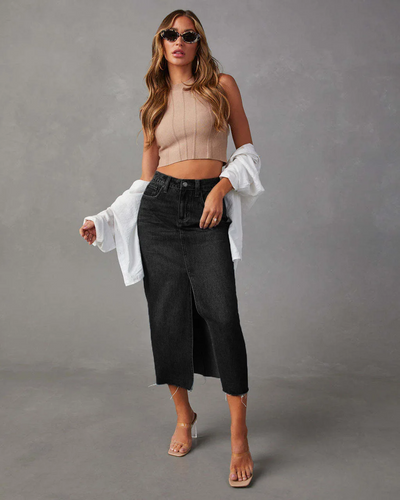 Gianna Denim Split Skirt – High-Waist A-Line Midi Skirt