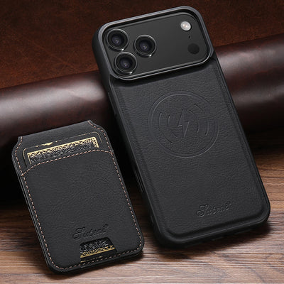 Black phone case with card holder on a wooden surface