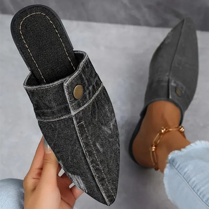Bella Denim Slide Mules – Pointed-Toe Flat Slippers