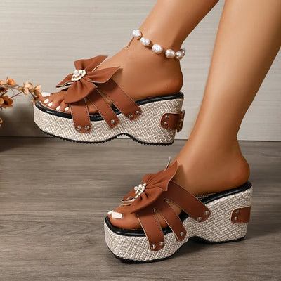 Aurora Bow Platform Sandals – Slip-Ons with Floral Accent