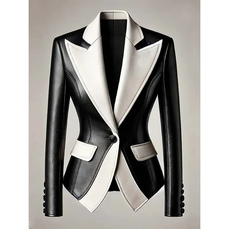 Black and white blazer on a mannequin against a neutral background