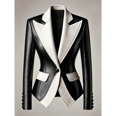 Black and white blazer on a mannequin against a neutral background