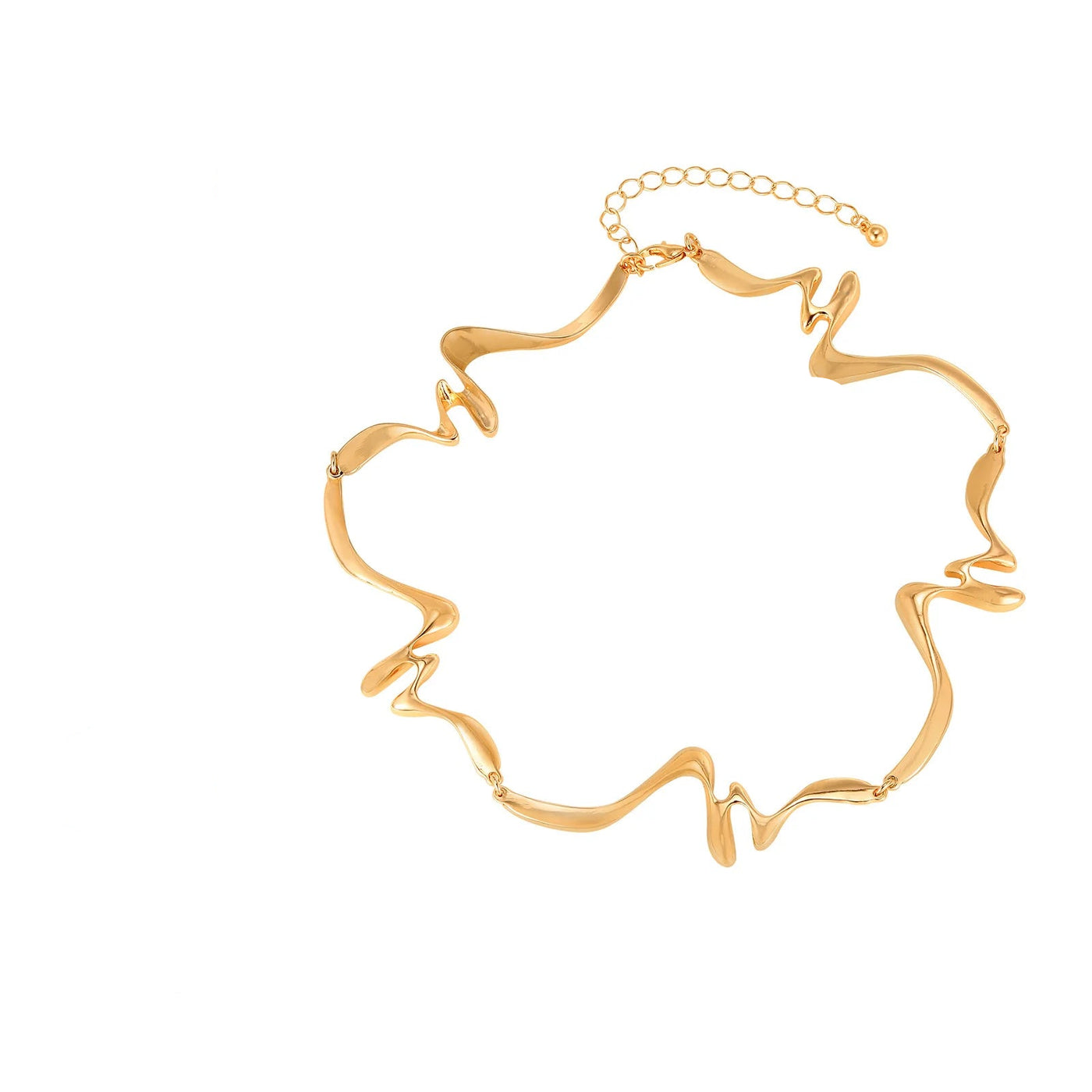 Gold necklace with product features on a white background