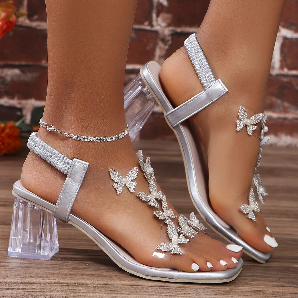 Marina Crystal Butterfly Block-Heel Sandals
