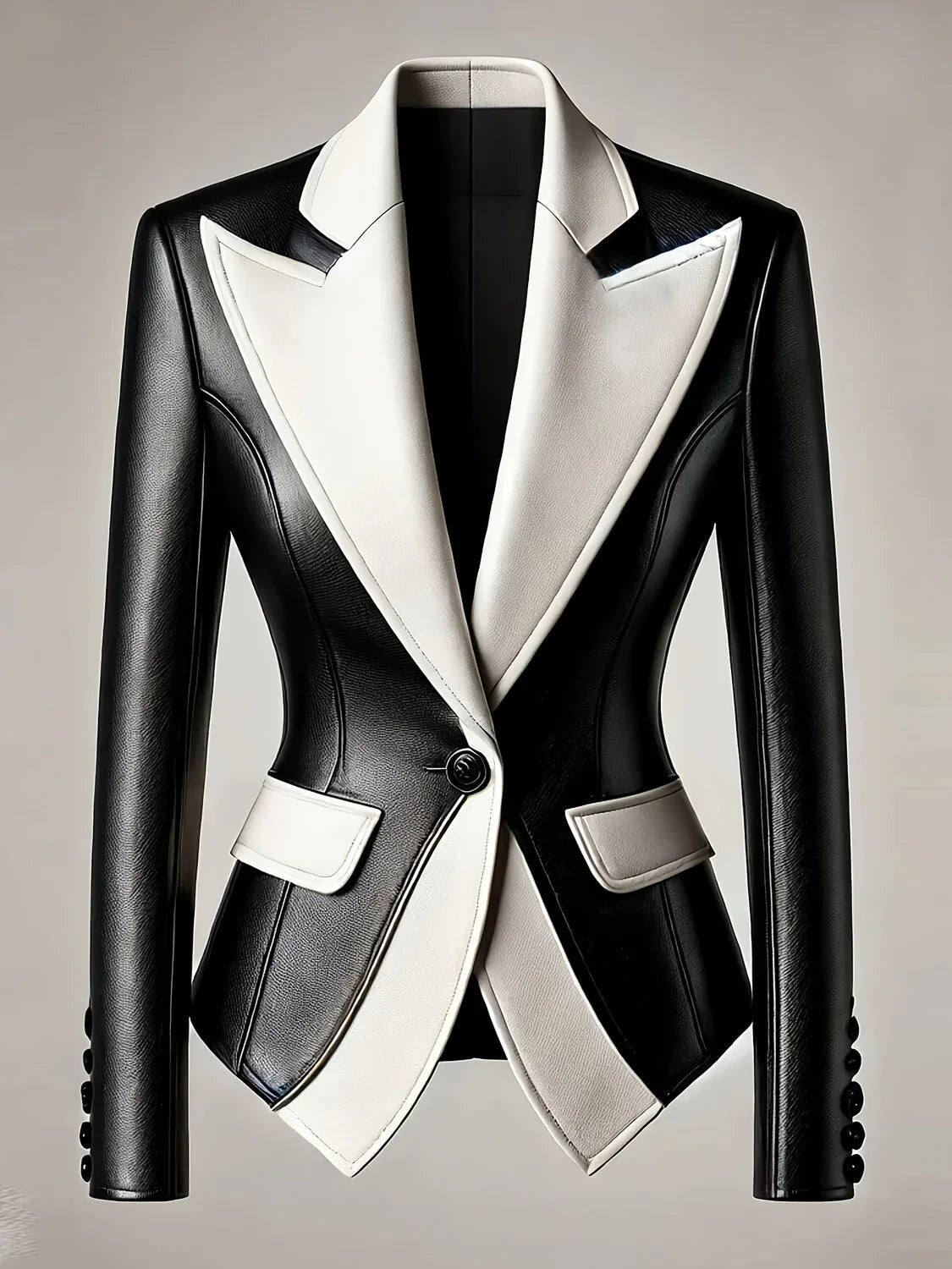 Black and white blazer on a neutral background