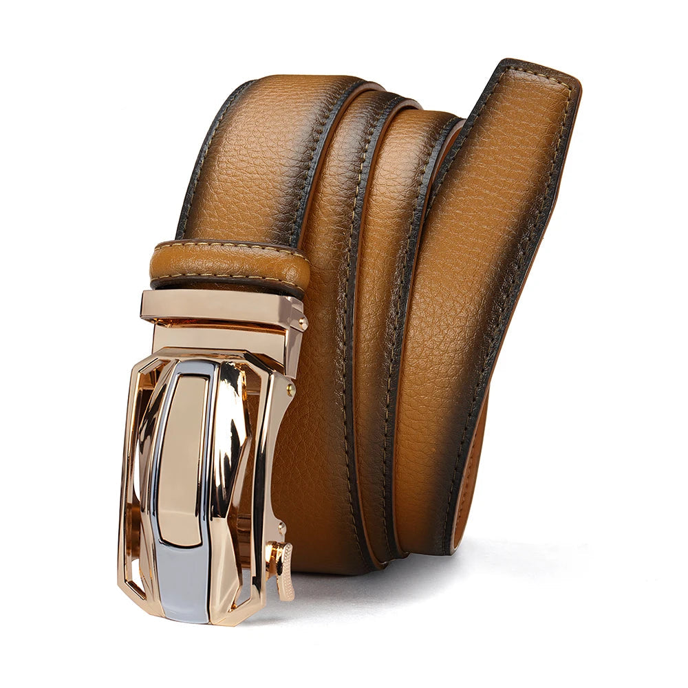A brown pebbled leather belt with a rose gold and silver automatic buckle, shown coiled on a white background.