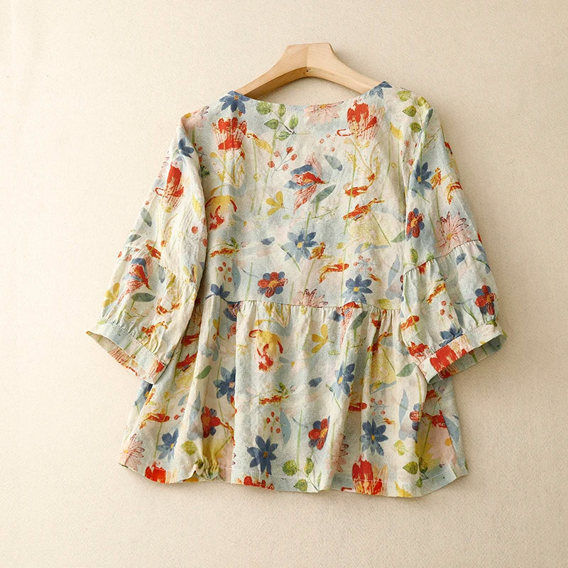 Ivy Floral Cotton-Linen Blouse – Loose Summer Short Sleeve Top