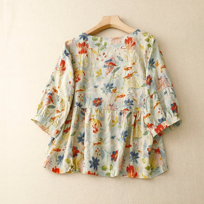 Ivy Floral Cotton-Linen Blouse – Loose Summer Short Sleeve Top