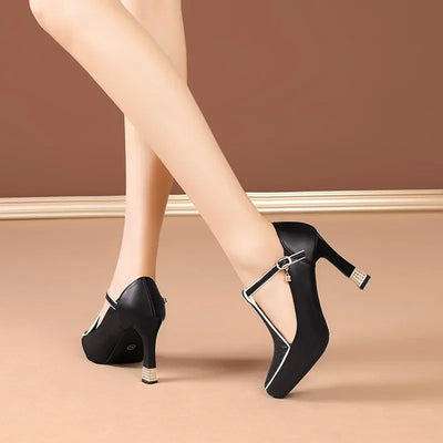 Colette T-Strap Heels - Women’s Pointed Toe Block Pumps with Gold Charm