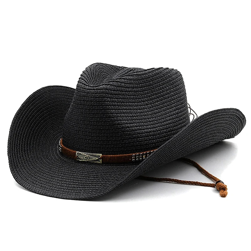 Black straw cowboy hat with a brown band and decorative buckle on a white background