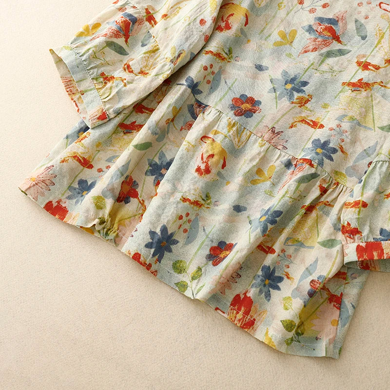 Ivy Floral Cotton-Linen Blouse – Loose Summer Short Sleeve Top