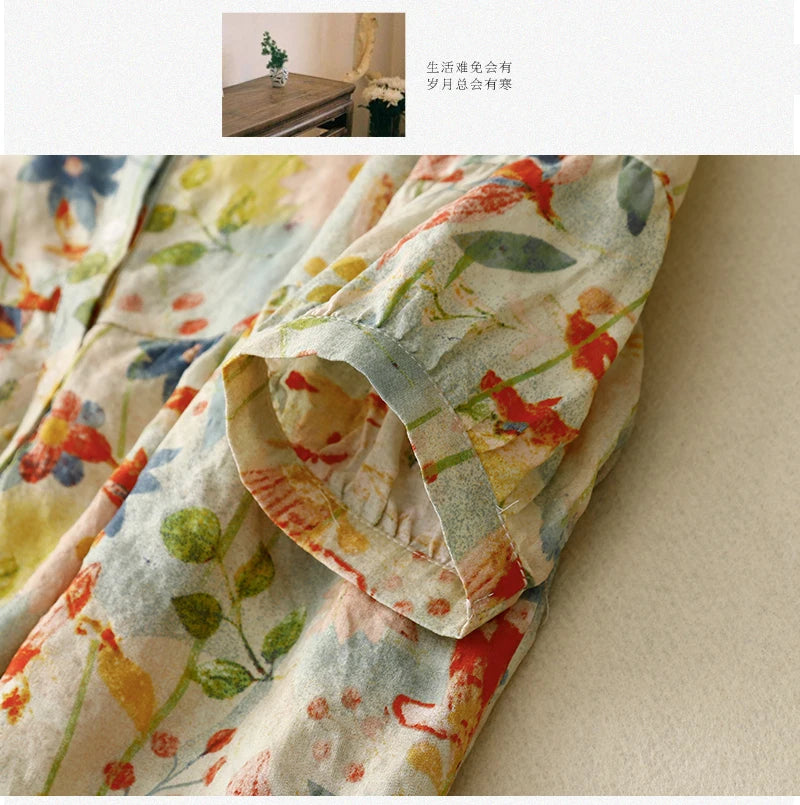 Ivy Floral Cotton-Linen Blouse – Loose Summer Short Sleeve Top
