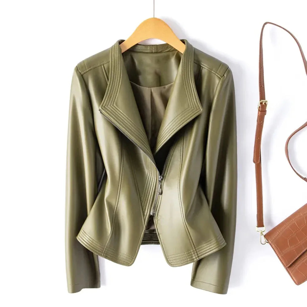 Green leather jacket on a hanger with a brown handbag on a white background