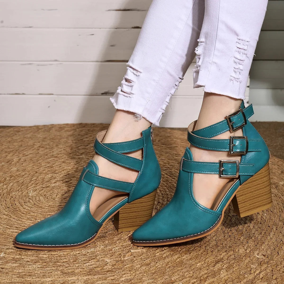 Elena Buckle Strap Block-Heel Booties