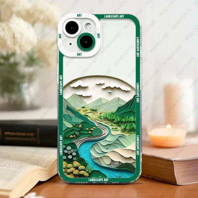 Phone case with landscape design on a surface with books and a candle in the background