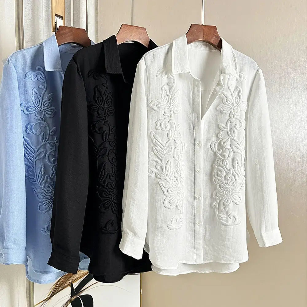 Elina Embroidered Casual Shirt -Women's Relaxed Fit Shirt with Floral Detail