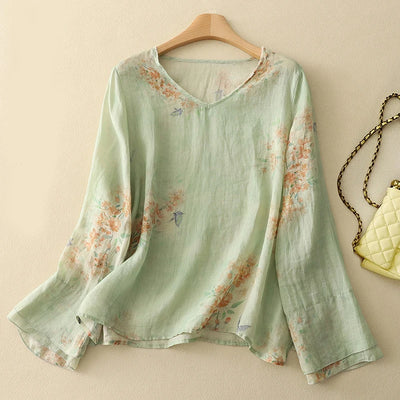 Aria Linen Floral Blouse – Loose Fit Long Sleeve Summer Top
