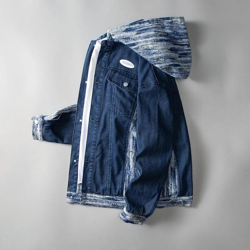 Blue denim jacket with white accents on a gray background