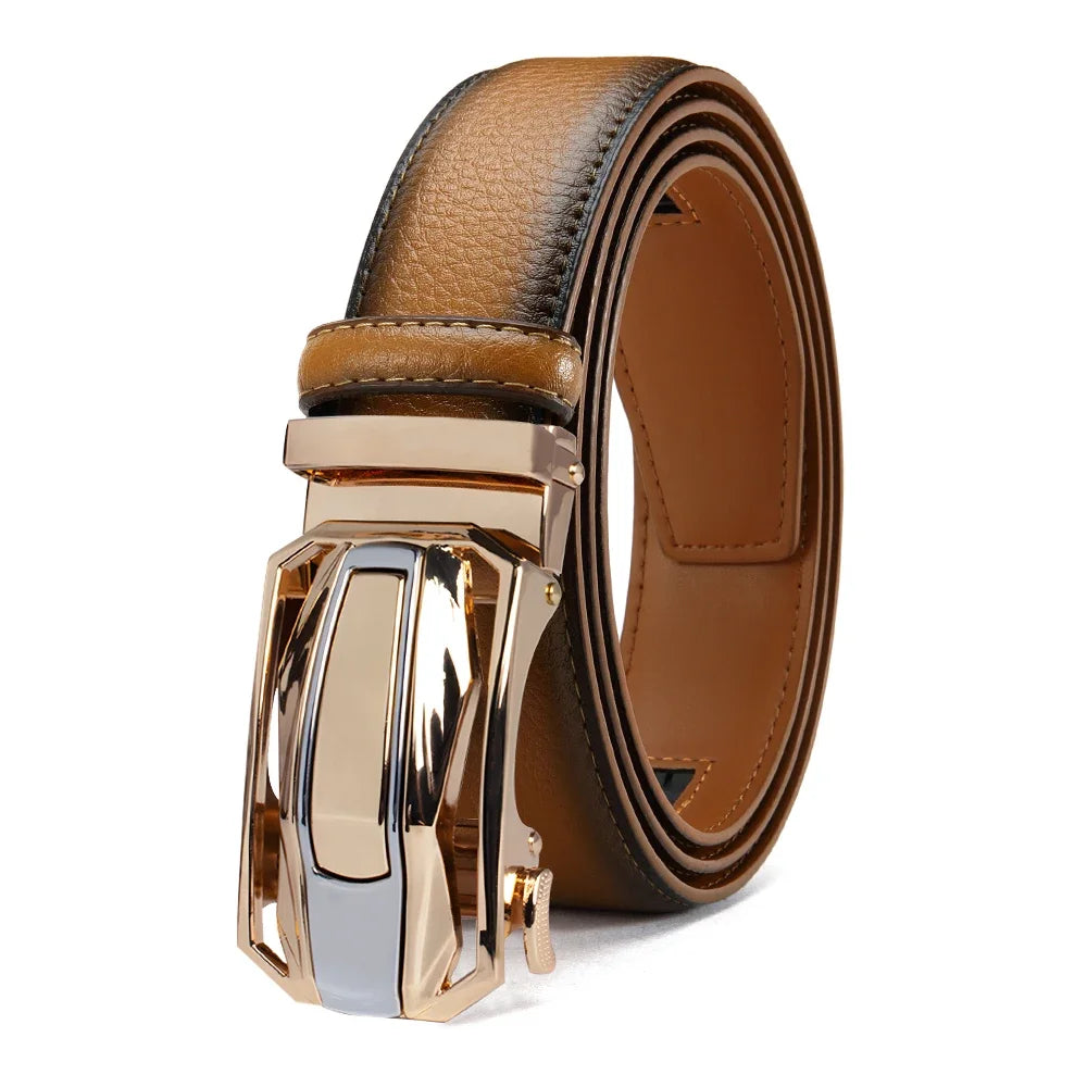 A brown leather belt with a textured grain finish, coiled to show both the exterior and interior, featuring a large, polished automatic buckle in a rose gold and silver-tone finish, set against a plain white background.