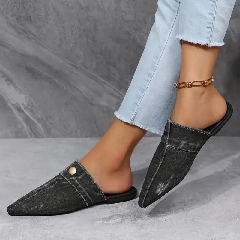 Bella Denim Slide Mules – Pointed-Toe Flat Slippers
