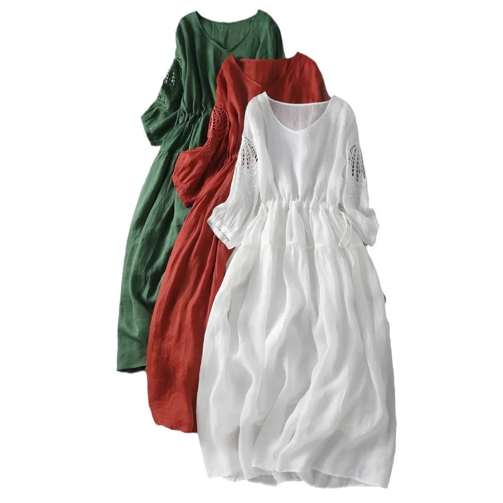 Isabella Linen Midi Dress – Hollow-Sleeve