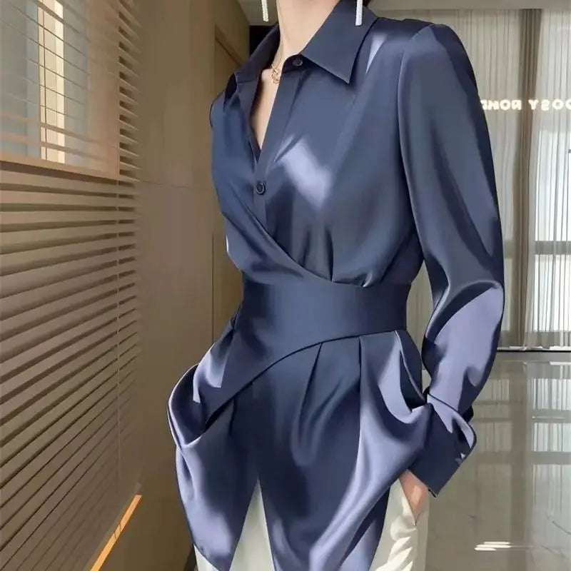 Lina Satin Drape Blouse – Women's Wrap Waist with Polished Silhouette
