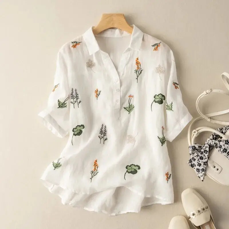 Mira Embroidered Linen Shirt – Women’s V-Neck Summer Top