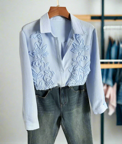 Elina Embroidered Casual Shirt -Women's Relaxed Fit Shirt with Floral Detail