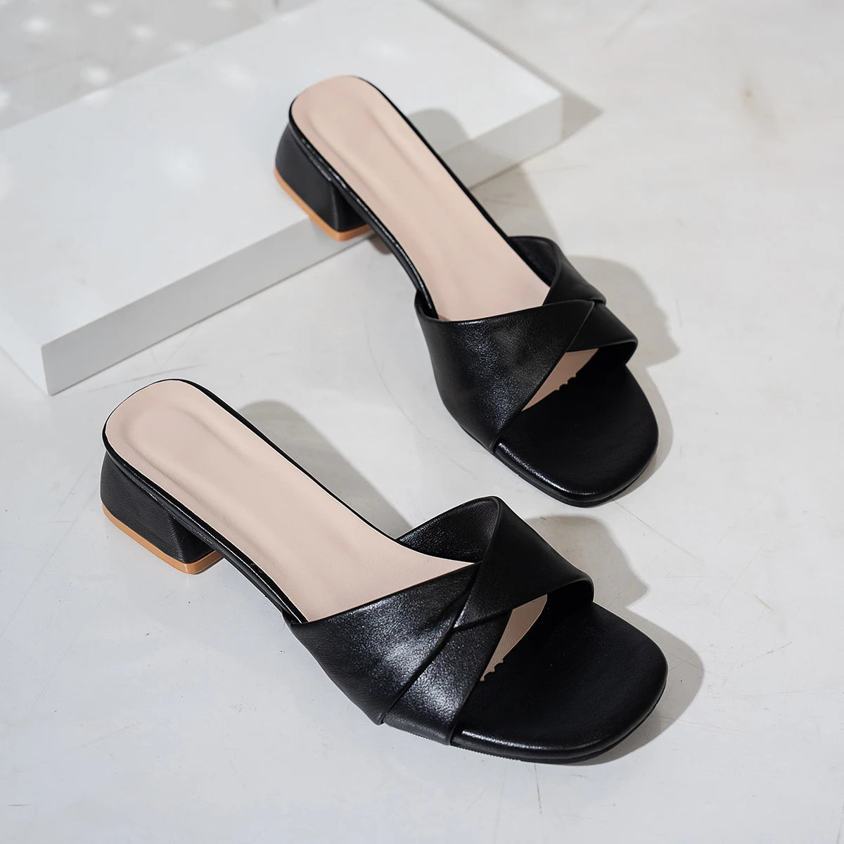 Riva Leather Slide Sandals – Square Heel Slippers in Summer Candy Tones