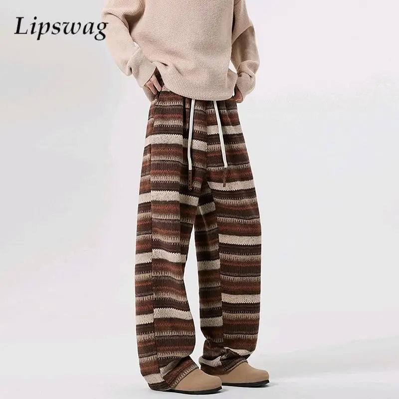 Vintage Striped Woolen Pants Mens Streetwear Fashion Drawstring Loose Straight Woolen Trousers Men 2025 Spring Fall Casual Pants