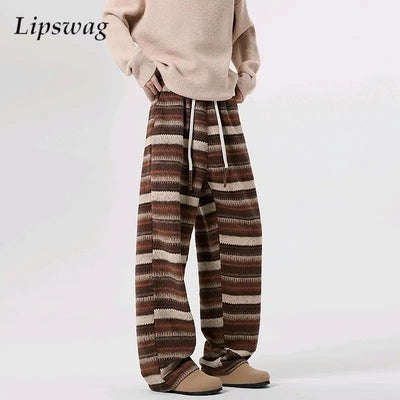 Vintage Striped Woolen Pants Mens Streetwear Fashion Drawstring Loose Straight Woolen Trousers Men 2025 Spring Fall Casual Pants
