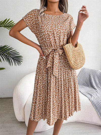 Valentina Floral Pleated A-Line Dress – Women’s High-Waist Midi