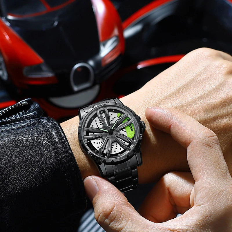 Person wearing a black wristwatch with a car in the background