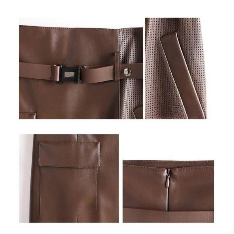Close-up details of a brown leather product with a buckle, zipper, and pocket on a white background.