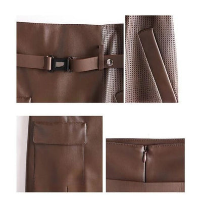 Close-up details of a brown leather product with a buckle, zipper, and pocket on a white background.