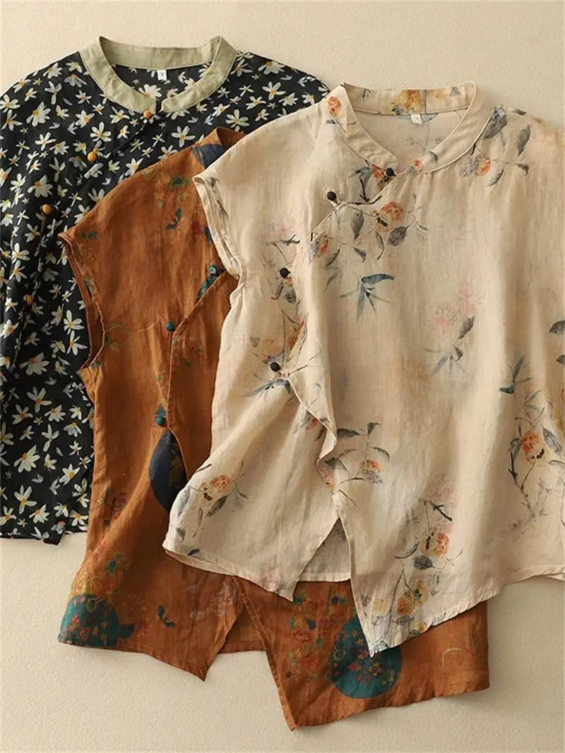 Mei Linen Sleeveless Blouse – Floral Loose Fit Summer Top