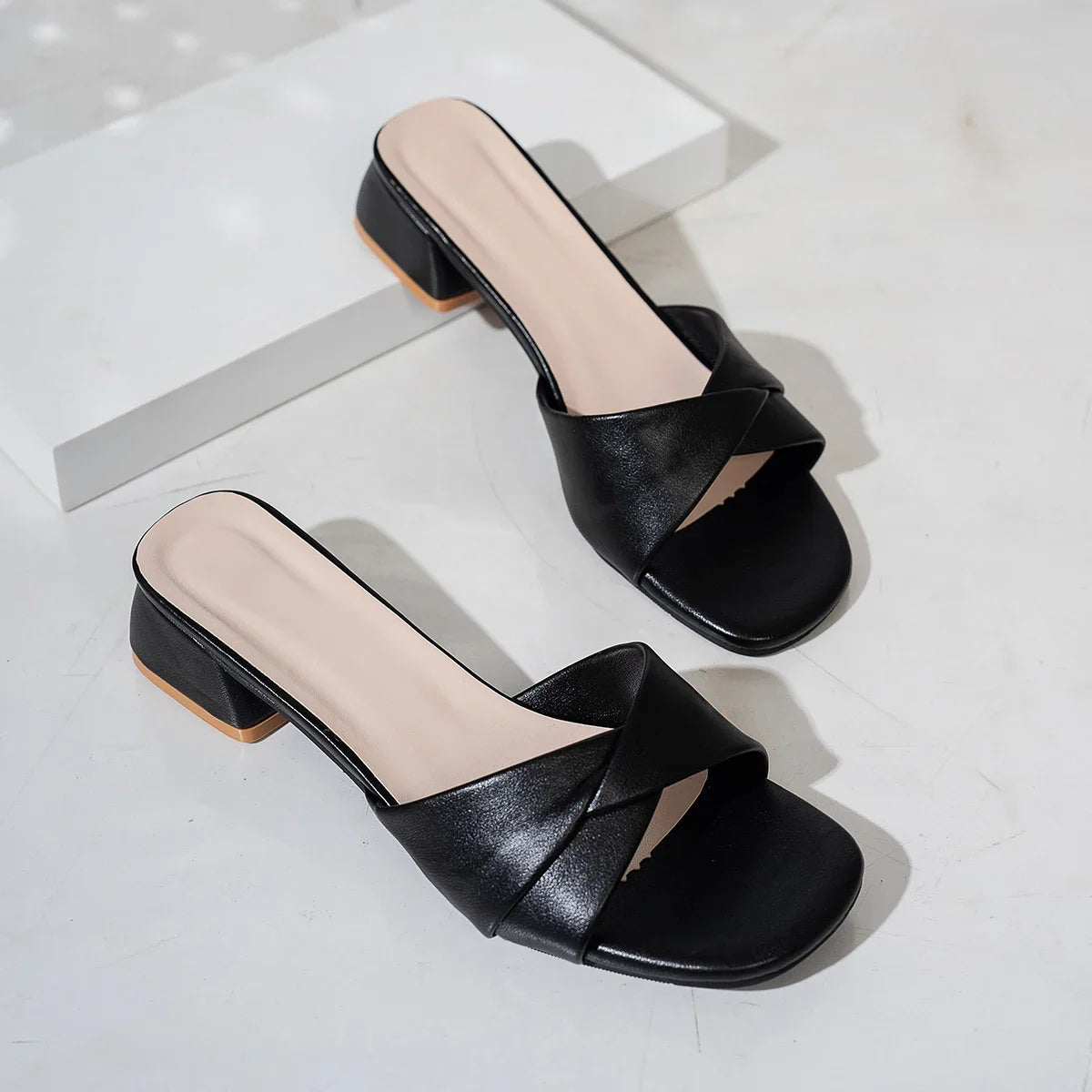 Riva Leather Slide Sandals – Square Heel Slippers in Summer Candy Tones