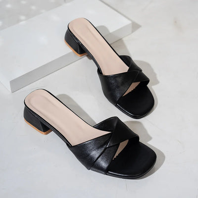 Riva Leather Slide Sandals – Square Heel Slippers in Summer Candy Tones