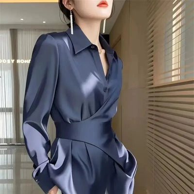 Lina Satin Drape Blouse – Women's Wrap Waist with Polished Silhouette