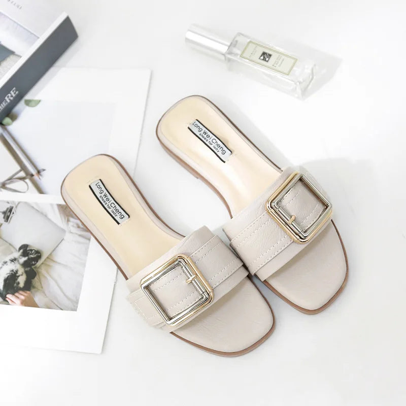 Sophia Designer Slide Sandals – Women’s Square Toe Leather Flats