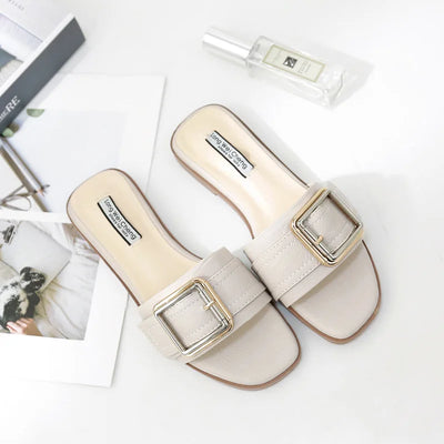 Sophia Designer Slide Sandals – Women’s Square Toe Leather Flats
