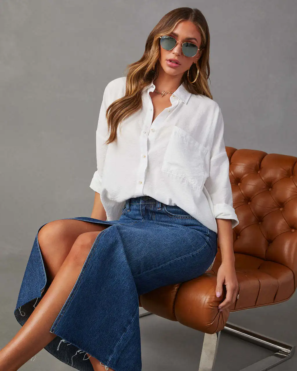 Gianna Denim Split Skirt – High-Waist A-Line Midi Skirt