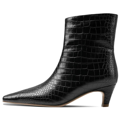 Black crocodile-patterned ankle boot on a white background